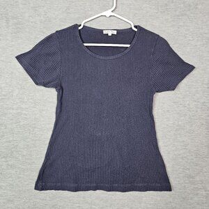 ALEX MILL Women's Navy Blue Ribbed Round Neck Short Sleeve Cotton Tee Size M